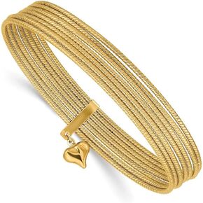 Diamond2Deal 14K Yellow Gold Dangle Heart Oversized Slip-on Set of 7 Textured Bangles for Women