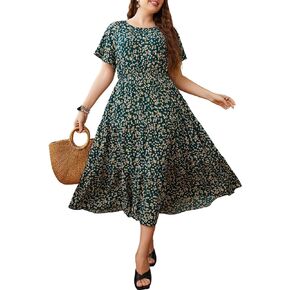 CUPSHE Women’s Plus Size Dress 2024 Summer Bohemian Midi Dresses Short Sleeve A Line Flowy Beach Sundress