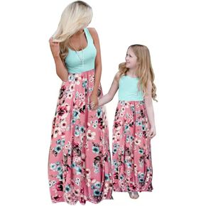 Mommy and Me Family Outfits, Stripe Stitching Dress,Summer Matching Maxi Dress with Pocket for Mother's Day