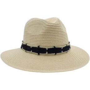 Women's Cleo Straw Fedora with Gold Jute Trim, Sand/Black, One Size
