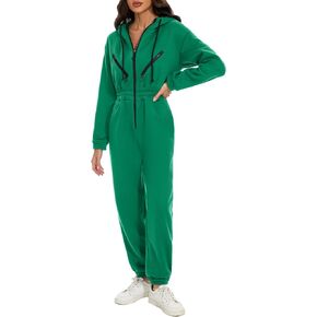 Women Fleece Jumpsuits One Piece Outfits Hooded Sweatshirt Set High Waist Ladies Jumpsuits