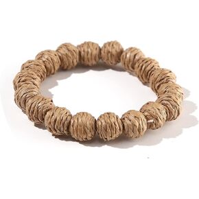 Pingyongchang Rattan Ball Bracelet for Women Girls Handmade Lightweight Straw Wicker Braid Woven Beaded Elastic Bracelet Bohemian Statement Summer Beach Bracelet