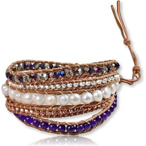 MGR MY GEMS ROCK! Multi-layer Hand Crafted Cultured Freshwater Pearl Gemstone Beaded on Genuine Leather Boho Style Leather Wrap Bracelet Super Wrap Bracelet 35" Long, up to 5 Wraps.