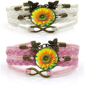 Caiyao 2Pcs Retro Braide Butterfly Infinity Sunflower Bracelet Set for Women Girl Teen Multilayered Adjustable You are My Sunshine Leather Flower Bracelet Vintage Jewelry