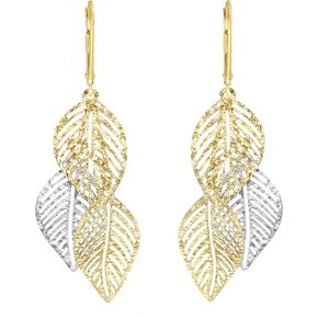 Lucchetta - 14K White & Yellow Gold Leaf Earrings Dangle Drop | Stylish & Elegant Jewelry | 14k Drop Earrings for Womens Girls | Authentic Fine Jewelry from Italy