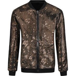 Lars Amadeus Sequin Varsity Jacket for Men's Zip Up Long Sleeves Party Disco Sparkle Bomber Jacket