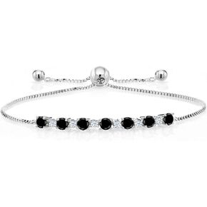 Gem Stone King 0.88 Ct Round Black Diamond White Created Sapphire 925 Sterling Silver Adjustable Tennis Bracelet for Women Up to 9 Inch
