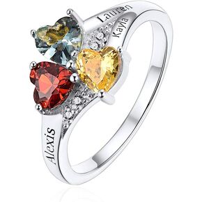 Custom4U Personalized 1-4 Birthstones Family Rings Customized Gift for Promise/Wedding/Valentine's Day/Mother's Day Crystal Cubic Zirconia Stones Band Elegant Sterling Silver Ring Jewelry for Women