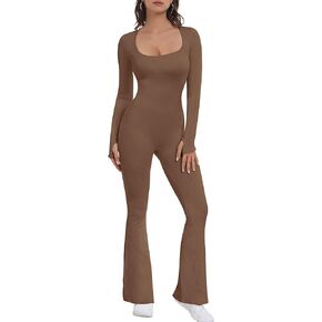 OEAK Ribbed Flare Jumpsuit for Women 2024 Long Sleeve Unitard Square Neck One Piece Workout Outfits Yoga Wide Leg Bodysuit
