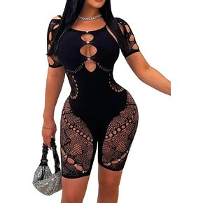ZileZile Women's Sexy Sheer Mesh Hollow Out Club Short Jumpsuit One Piece Romper