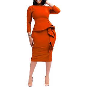 فستان SEMATOMALA نسائي مكشكش Bodycon Peplum متوسط ​​الطول ورقبة دائرية أنيقة لحفلات الكوكتيل والعمل in Kuwait