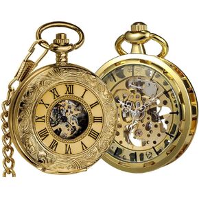 VIGOROSO Mens Pocket Watch with Chain Half Hunter Double Cover Skeleton Mechanical Watches Gold in Box+ Mens Pocket Watch with Chain Skeleton Hand Wind Mechanical Watches for Men, Gift for Husband