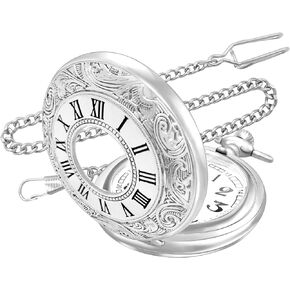 GUROENKY Vintage Pocket Watch Arab Numerals Dial Hollow Quartz Pocket Watch with Chain for Xmas Father's Day Gift