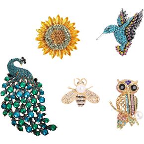 JIAOGSNC 5 Pcs Women Brooches Bulk Set Rhinestone Animal Pin Crystal Vintage with Hummingbird Bee Owl Sunflower Peacock Brooch Pin for Women Girls Birthday Christmas Gifts