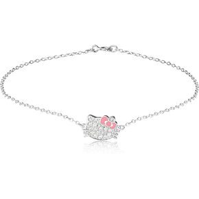 Hello Kitty Sanrio Womens Sterling Silver Anklet Official License, 9" Pave Cubic Zirconia Ankle Bracelet with Pink Bow