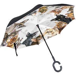 Cats Breed Various Watercolor Kittens Windproof Inverted Open Close Reverse Rain Umbrella Inside Out Quality Waterproof Parasol Upside Down Stick Shelter with Hook c Handle