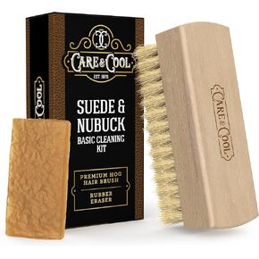 Care & Cool Suede and Nubuck Basic Cleaning Kit - Premium Hog Hair Brush and Rubber Eraser - Stain Removal, Gentle Cleaning, Nap Restoration - Ideal for Suede, Nubuck, Leather, Canvas, Knit