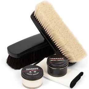 Tarrago Shoe Shine Kit - Shoe Cream (Black and Neutral), Large Horsehair Brush (Black and White), and Shine Cloth - Complete Shoe Polish Kit in Kuwait
