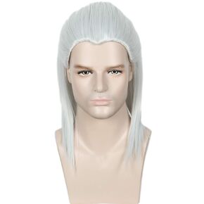 Linfairy Wig and Beard Long Cosplay Wigs Fancy Dress Costume Accessories for Men (Dark Silver)