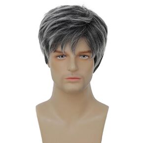 Amnenl Grey Short Men Wigs Curly Layered Fluffy Mixed Black Side Part Wigs for Men Daily Full Wigs