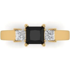 0.89ct Princess cut 3 stone Solitaire accent Natural Black Onyx Engagement Promise Anniversary Bridal Ring 14k Yellow Gold