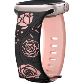 Floral Engraved Band Compatible with Apple Watch Bands 40mm 44mm 41mm 45mm 49mm 38mm 42mm Women,Designer Cute Flower Pattern Soft Silicone Sport Strap for iWatch Ultra SE Series 9 8 7 6 5 4 3 2 1