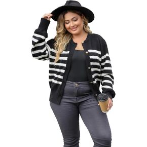 Women's 2023 Fall Winter Open Front Long Sleeve Cardigans Button Down Crew Neck Knitted Stripe Sweaters Outerwear