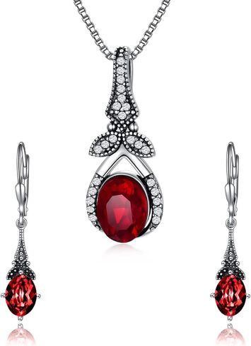 AOBOCO Sterling Silver Vintage Red Jewelry Necklace and Earrings Set with Simulated Ruby Red Garnet Crystal in Saudi Arabia