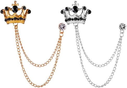 Shuxy 2PCS Men's Brooch Crown Hanging Chain Brooch Black Stone Detailing with Engraving Metal Crystal Brooch Suit Stud Lapel Pin Vintage Rhinestone Breastpin Wedding Brooch Pin, Gold and Silver, mix, in Kuwait