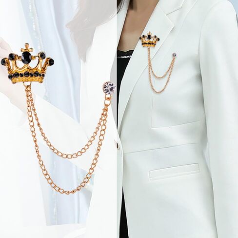 Shuxy 2PCS Men's Brooch Crown Hanging Chain Brooch Black Stone Detailing with Engraving Metal Crystal Brooch Suit Stud Lapel Pin Vintage Rhinestone Breastpin Wedding Brooch Pin, Gold and Silver, mix, in Kuwait