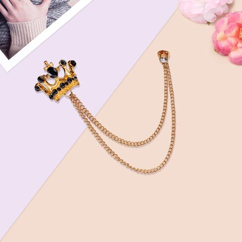 Shuxy 2PCS Men's Brooch Crown Hanging Chain Brooch Black Stone Detailing with Engraving Metal Crystal Brooch Suit Stud Lapel Pin Vintage Rhinestone Breastpin Wedding Brooch Pin, Gold and Silver, mix, in Kuwait