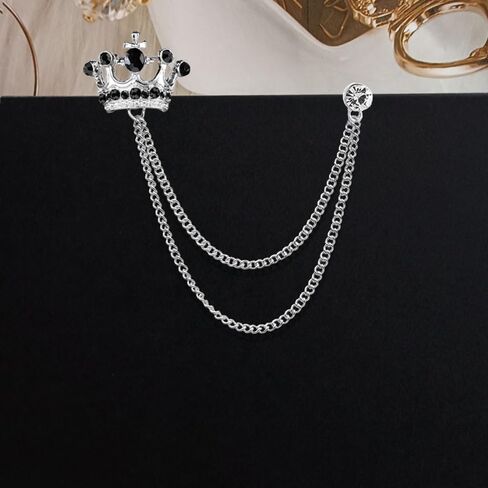 Shuxy 2PCS Men's Brooch Crown Hanging Chain Brooch Black Stone Detailing with Engraving Metal Crystal Brooch Suit Stud Lapel Pin Vintage Rhinestone Breastpin Wedding Brooch Pin, Gold and Silver, mix, in Kuwait