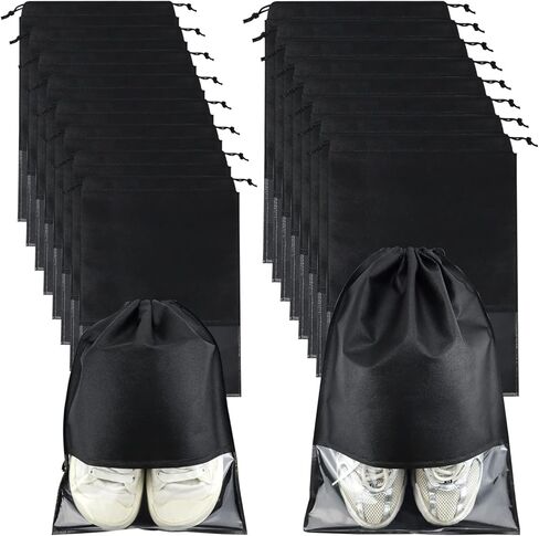 16 PCS Shoe Bags for Travel, LEEFONE Portable Shoe Bag for Storage Clear Window with Rope, Shoes Organizers for Men and Women Size (Black), Black, Shoe Bags in Kuwait