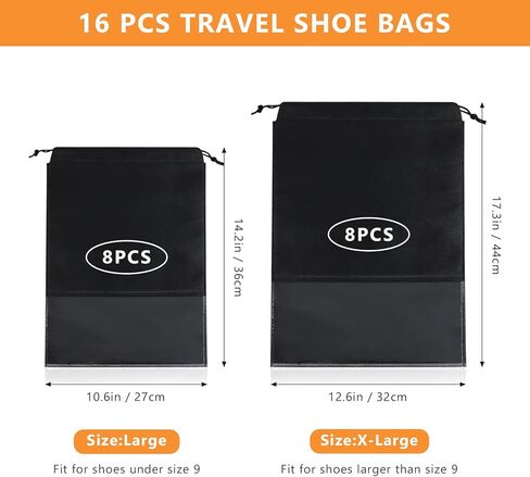 16 PCS Shoe Bags for Travel, LEEFONE Portable Shoe Bag for Storage Clear Window with Rope, Shoes Organizers for Men and Women Size (Black), Black, Shoe Bags in Kuwait