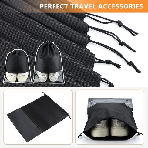 16 PCS Shoe Bags for Travel, LEEFONE Portable Shoe Bag for Storage Clear Window with Rope, Shoes Organizers for Men and Women Size (Black), Black, Shoe Bags in Kuwait