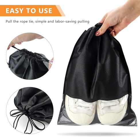 16 PCS Shoe Bags for Travel, LEEFONE Portable Shoe Bag for Storage Clear Window with Rope, Shoes Organizers for Men and Women Size (Black), Black, Shoe Bags in Kuwait