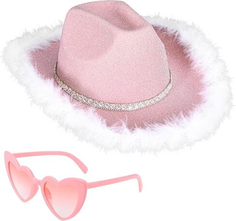 Yoiemivy ريشة قبعة رعاة البقر مع نظارة شمسية على شكل قلب للنساء، قبعة رعاة البقر ديسكو سباركلي قبعة راعية البقر الغربية لحفل زفاف عيد الميلاد (الوردي) in Kuwait
