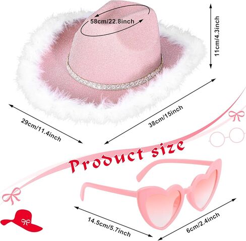 Yoiemivy ريشة قبعة رعاة البقر مع نظارة شمسية على شكل قلب للنساء، قبعة رعاة البقر ديسكو سباركلي قبعة راعية البقر الغربية لحفل زفاف عيد الميلاد (الوردي) in Kuwait