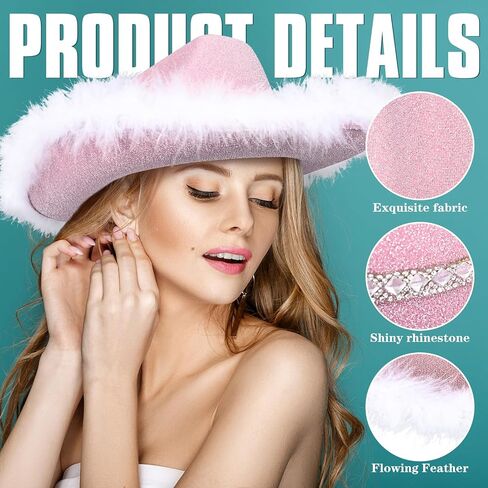 Yoiemivy ريشة قبعة رعاة البقر مع نظارة شمسية على شكل قلب للنساء، قبعة رعاة البقر ديسكو سباركلي قبعة راعية البقر الغربية لحفل زفاف عيد الميلاد (الوردي) in Kuwait