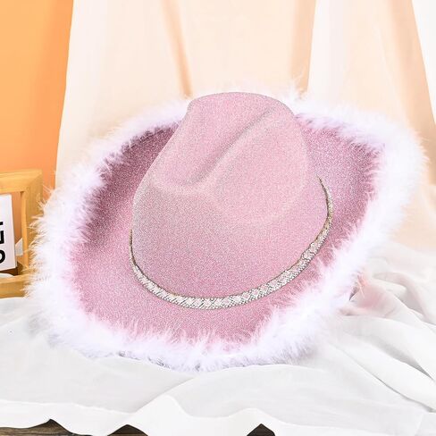 Yoiemivy ريشة قبعة رعاة البقر مع نظارة شمسية على شكل قلب للنساء، قبعة رعاة البقر ديسكو سباركلي قبعة راعية البقر الغربية لحفل زفاف عيد الميلاد (الوردي) in Kuwait