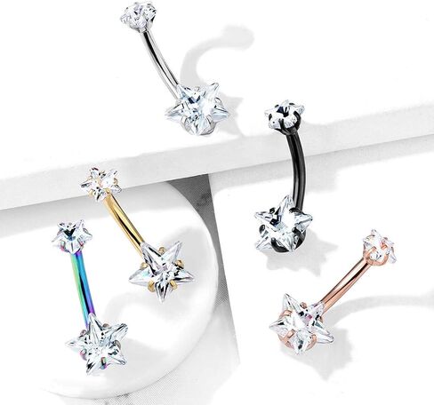 خاتم السرة لزر البطن ذو النجمة المزدوجة من Covet Jewelry - فولاذ جراحي مضاد للحساسية مع أحجار كريمة مسننة وخيوط داخلية in Kuwait