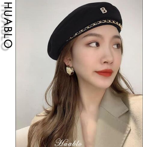huablo]Artist Beanie Hat for Women Girls,Fashionable and Vintage Women's Beret Hats,French Berets Hat 5P-BLMao-Black, Black, 2 in Kuwait