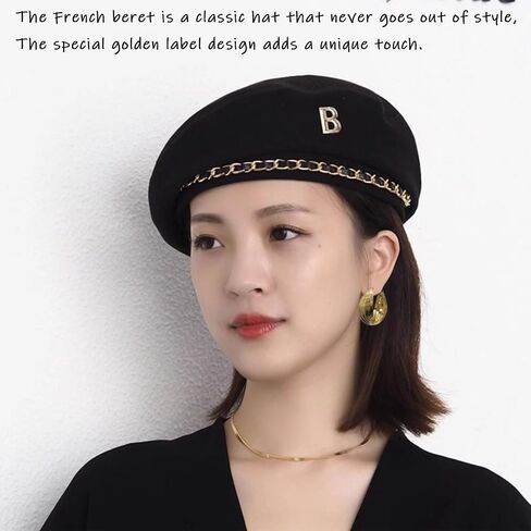 huablo]Artist Beanie Hat for Women Girls,Fashionable and Vintage Women's Beret Hats,French Berets Hat 5P-BLMao-Black, Black, 2 in Kuwait