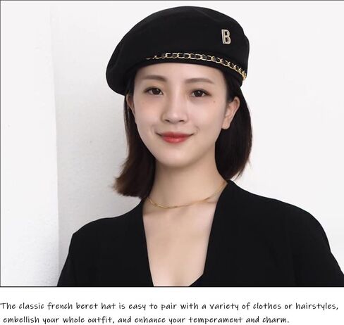 huablo]Artist Beanie Hat for Women Girls,Fashionable and Vintage Women's Beret Hats,French Berets Hat 5P-BLMao-Black, Black, 2 in Kuwait