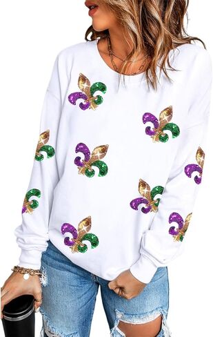 Women's White Sequin Carnival Graphic Sweatshirt Round Neck Long Sleeve Casual Print Holiday Tops in Kuwait