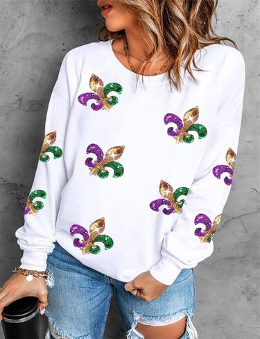 Women's White Sequin Carnival Graphic Sweatshirt Round Neck Long Sleeve Casual Print Holiday Tops in Kuwait