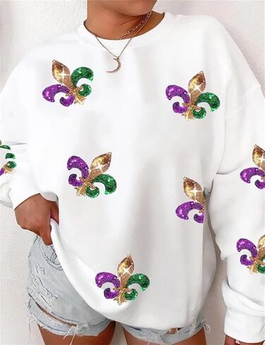 Women's White Sequin Carnival Graphic Sweatshirt Round Neck Long Sleeve Casual Print Holiday Tops in Kuwait