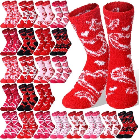 24 Pcs Valentine's Day Fuzzy Socks for Women Heart Socks Soft Red Fluffy Slipper Socks with Grips for Girl Cozy Cute Warm Winter Soft Holiday Socks for Valentine's Day Gift in Saudi Arabia