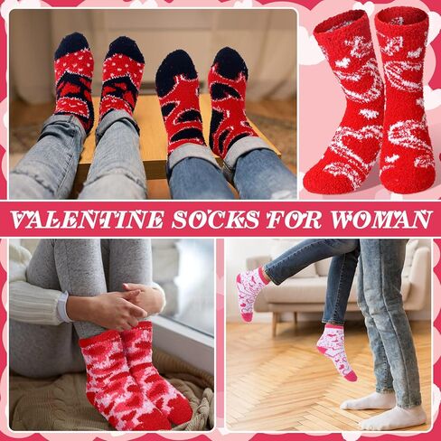 24 Pcs Valentine's Day Fuzzy Socks for Women Heart Socks Soft Red Fluffy Slipper Socks with Grips for Girl Cozy Cute Warm Winter Soft Holiday Socks for Valentine's Day Gift in Saudi Arabia