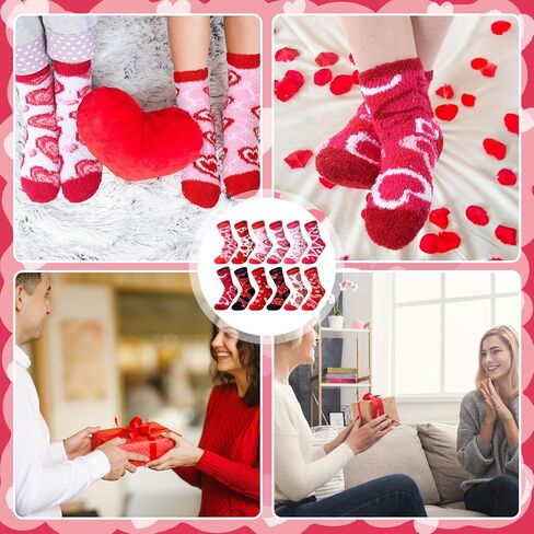 24 Pcs Valentine's Day Fuzzy Socks for Women Heart Socks Soft Red Fluffy Slipper Socks with Grips for Girl Cozy Cute Warm Winter Soft Holiday Socks for Valentine's Day Gift in Saudi Arabia